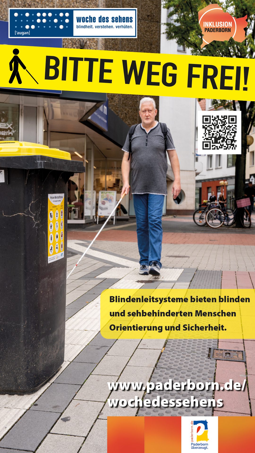 Mülltonne versperrt blindem Mann den Weg